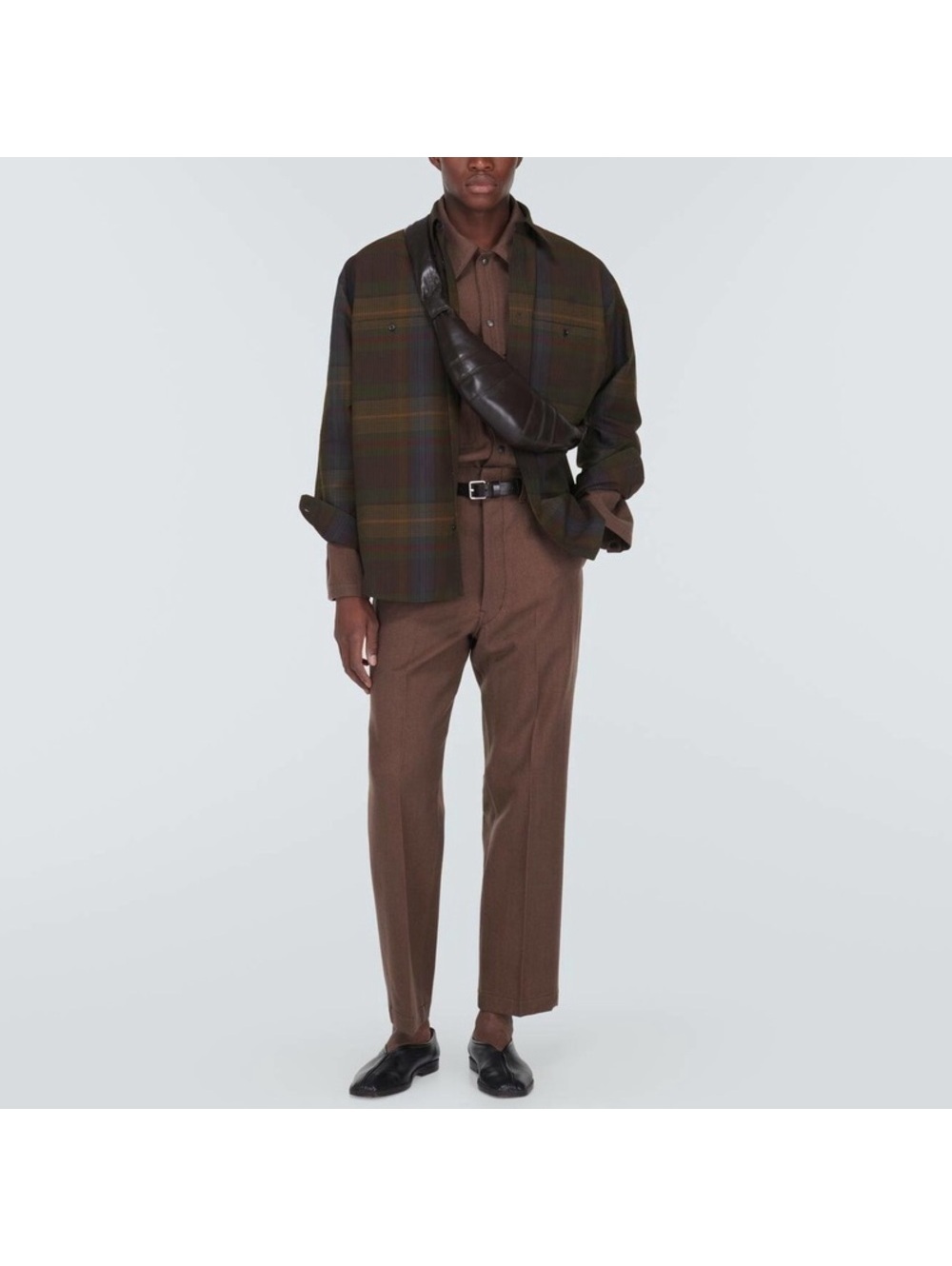 LEMAIRE Plaid Wool Overshirt in Khaki Burgundy, Men's Size 52, NEW